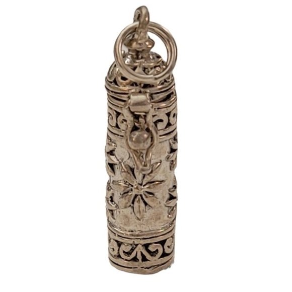 Sterling Silver Flower Hinged Latch Lid Prayer Box Tube Pendant, K853 - Picture 1 of 7